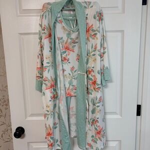Flora Nikrooz 3 Piece Lily Pajama Set Robe Tank Pants Mint Green White Pink